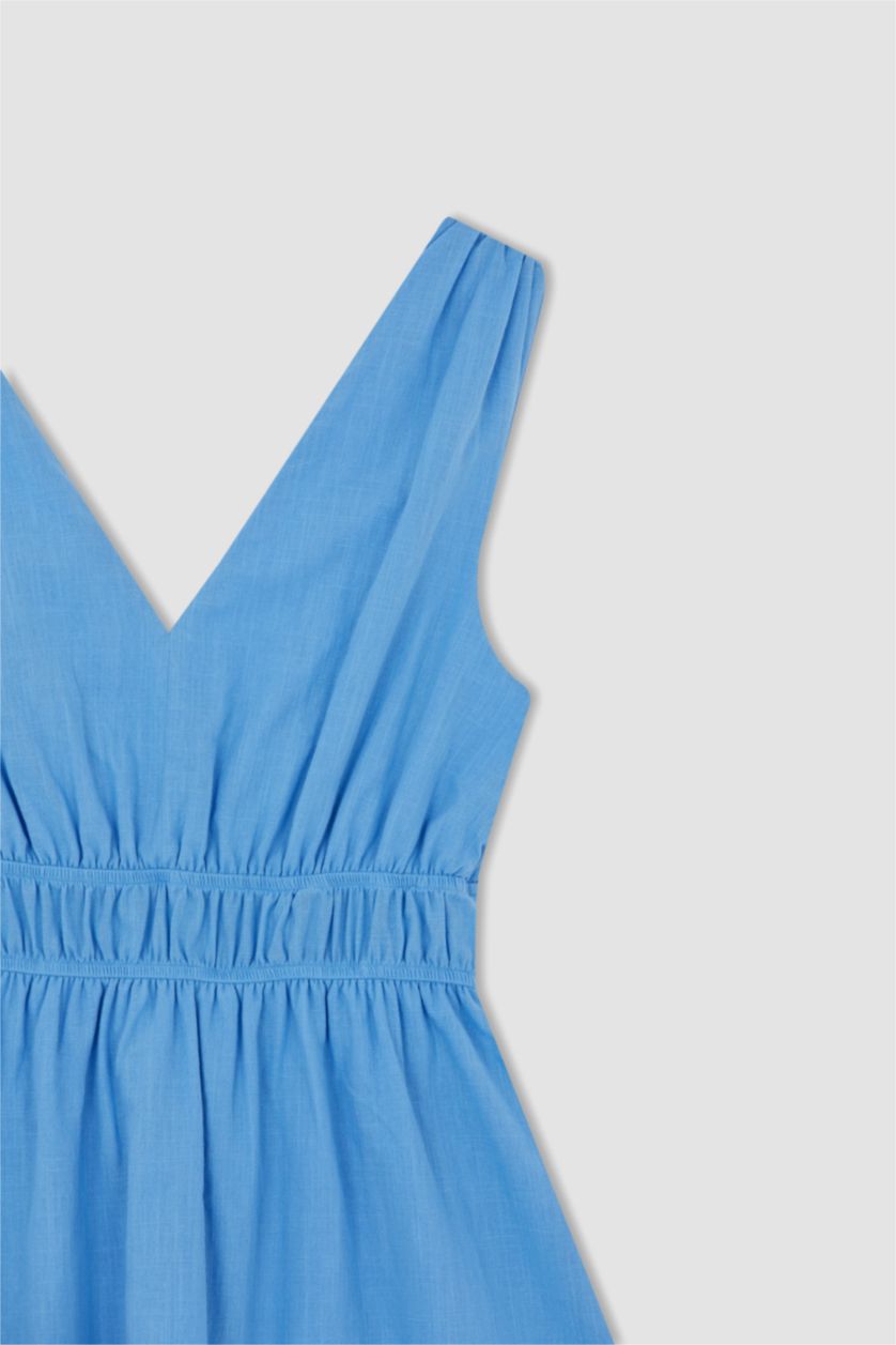 FEMME Bleu Mini Robe à Manches Courtes Col En V