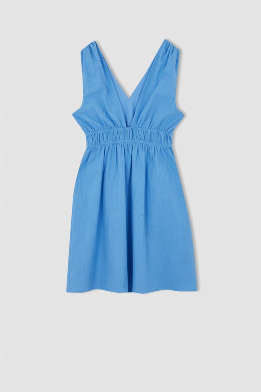 FEMME Bleu Mini Robe à Manches Courtes Col En V