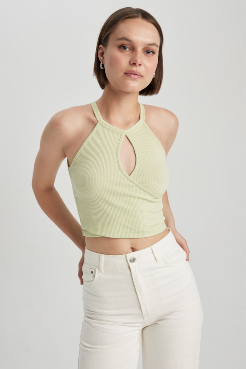 WOMAN Light Green Fitted Crew Neck Ribbed Camisole Tank Top