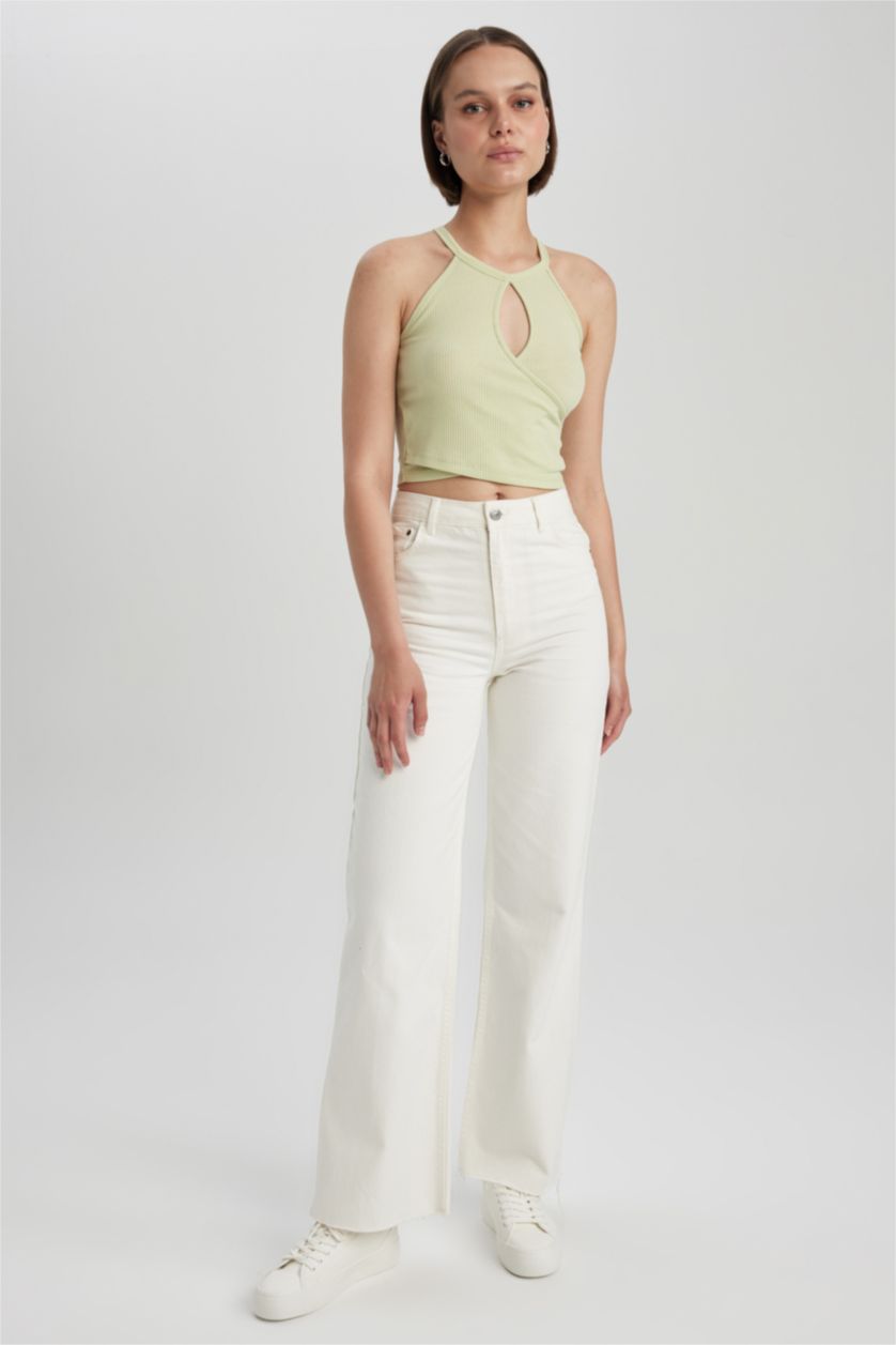 WOMAN Light Green Fitted Crew Neck Ribbed Camisole Tank Top