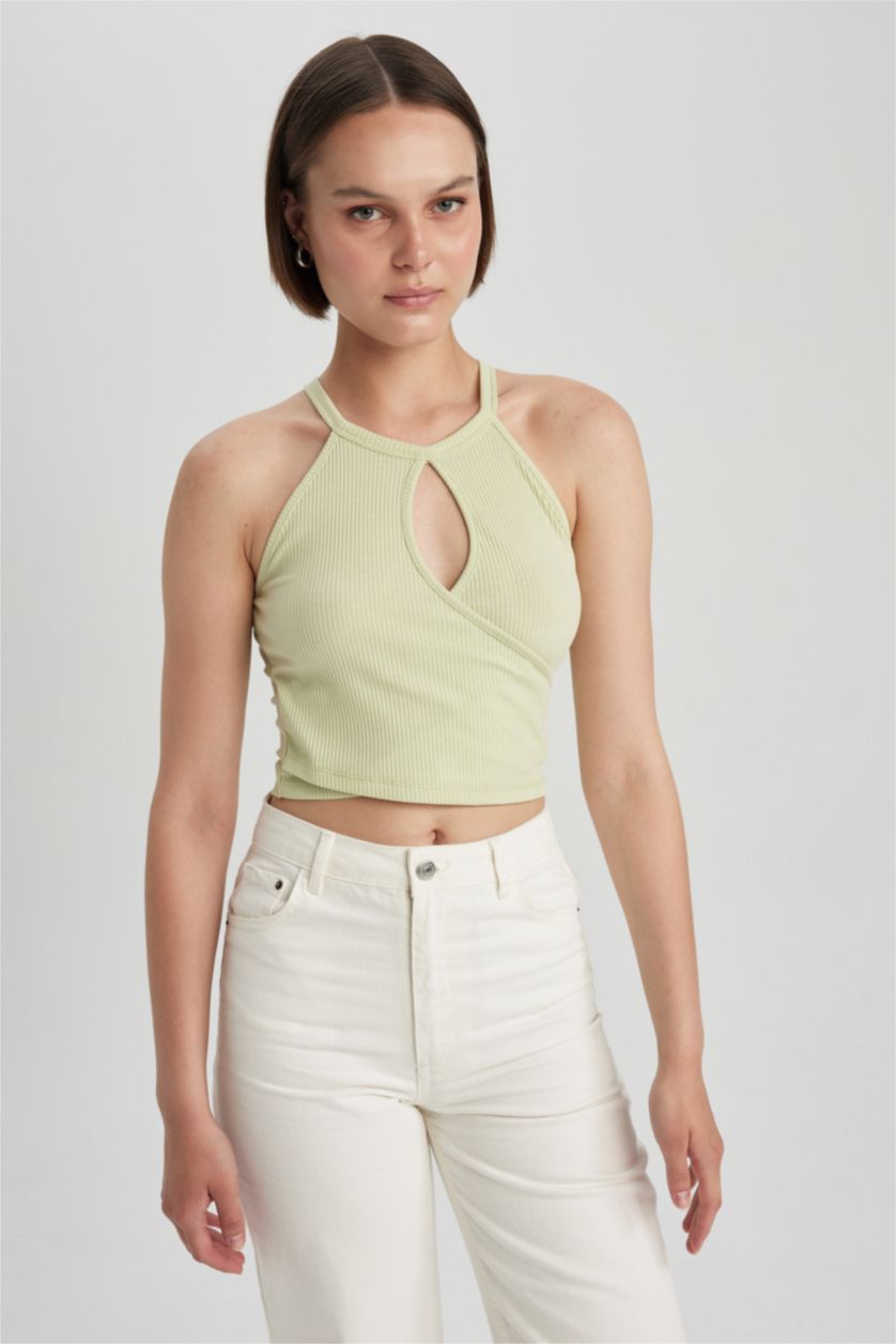 WOMAN Light Green Fitted Crew Neck Ribbed Camisole Tank Top
