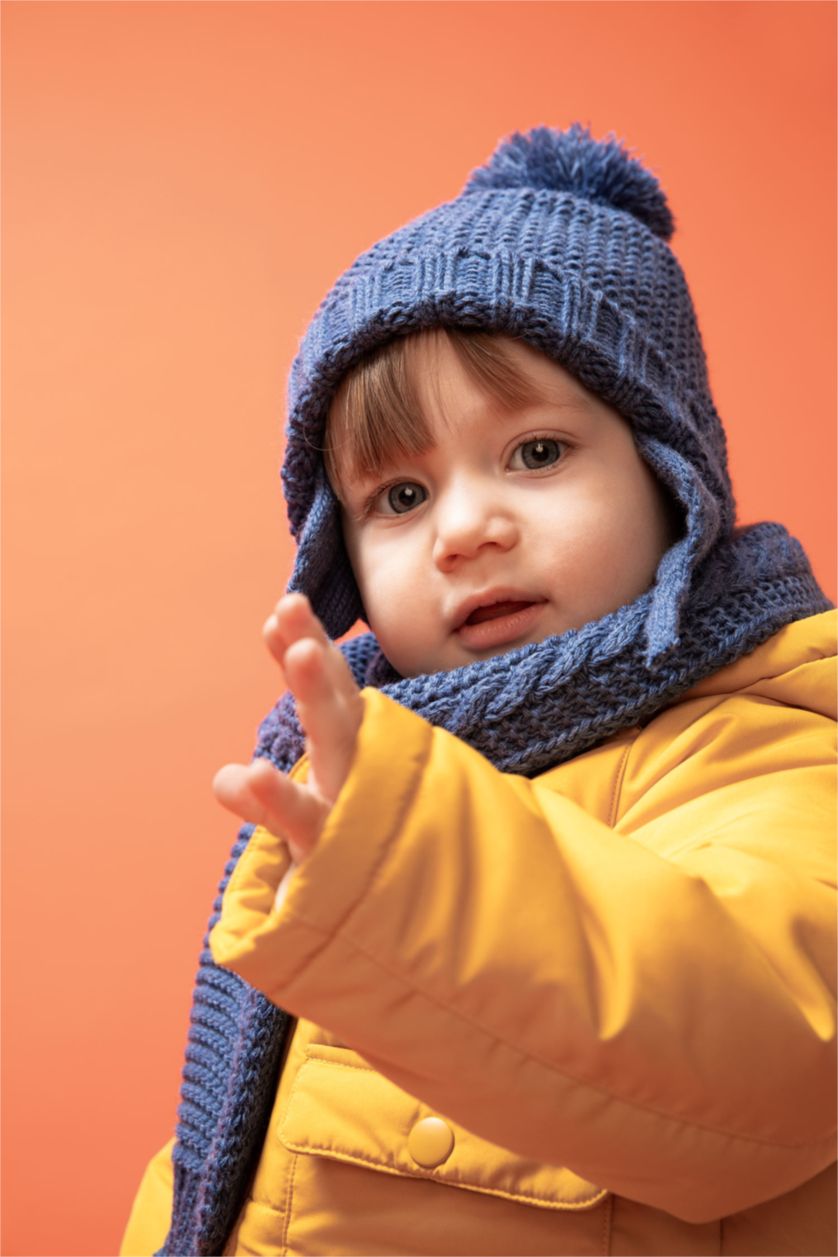 Erkek Bebek Koyu İndigo Erkek Bebek Atkı Bere Takım