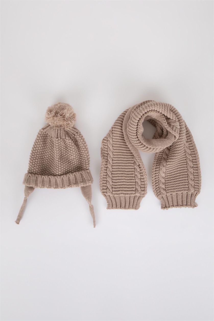 BÉBÉ FILLE Beige Ensemble Bonnet et écharpe à pompon pour BéBé Fille