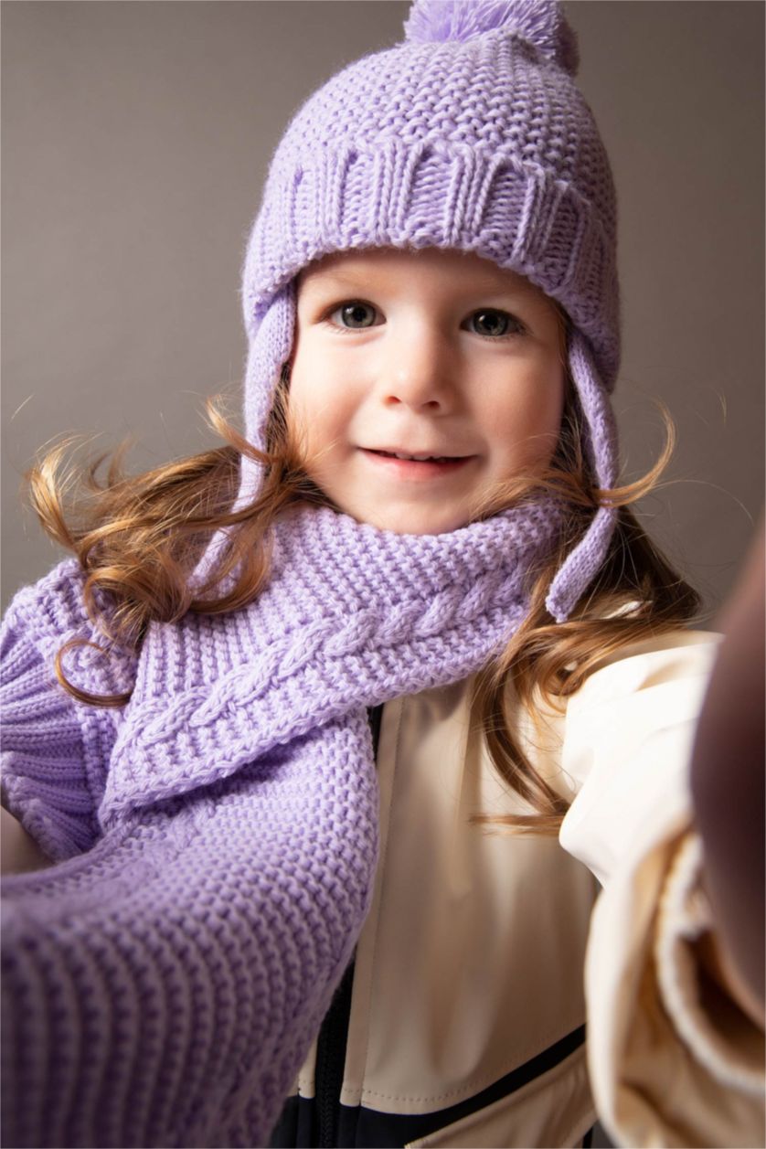 BÉBÉ FILLE Violet Clair Ensemble Bonnet et écharpe à pompon pour BéBé Fille