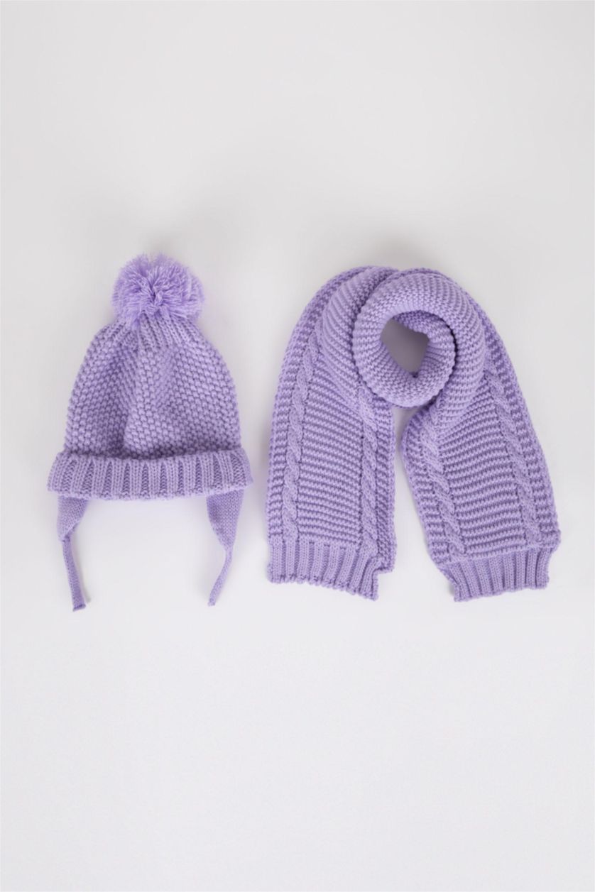BÉBÉ FILLE Violet Clair Ensemble Bonnet et écharpe à pompon pour BéBé Fille