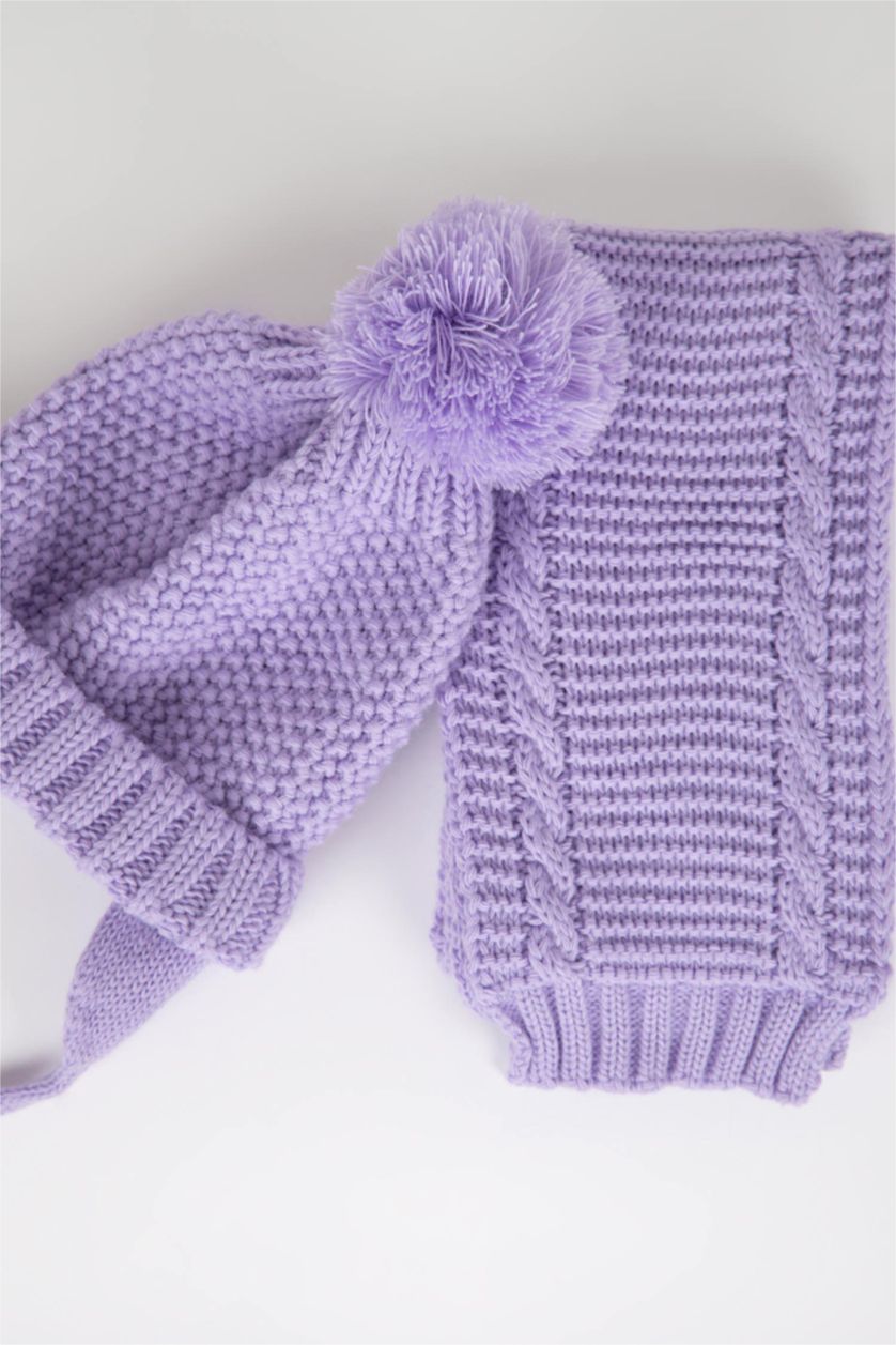 BÉBÉ FILLE Violet Clair Ensemble Bonnet et écharpe à pompon pour BéBé Fille