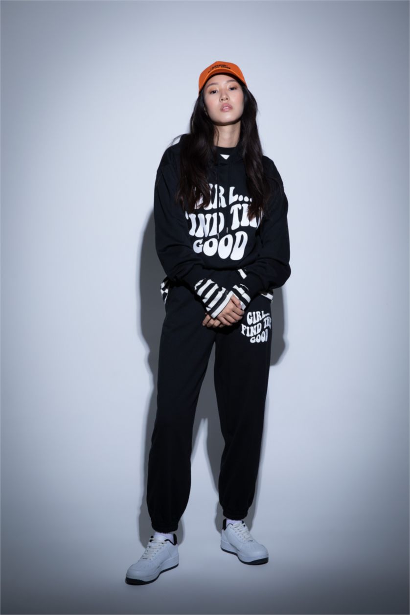 WOMAN Black Loose Fit Thick Sweatshirt Fabric Trousers