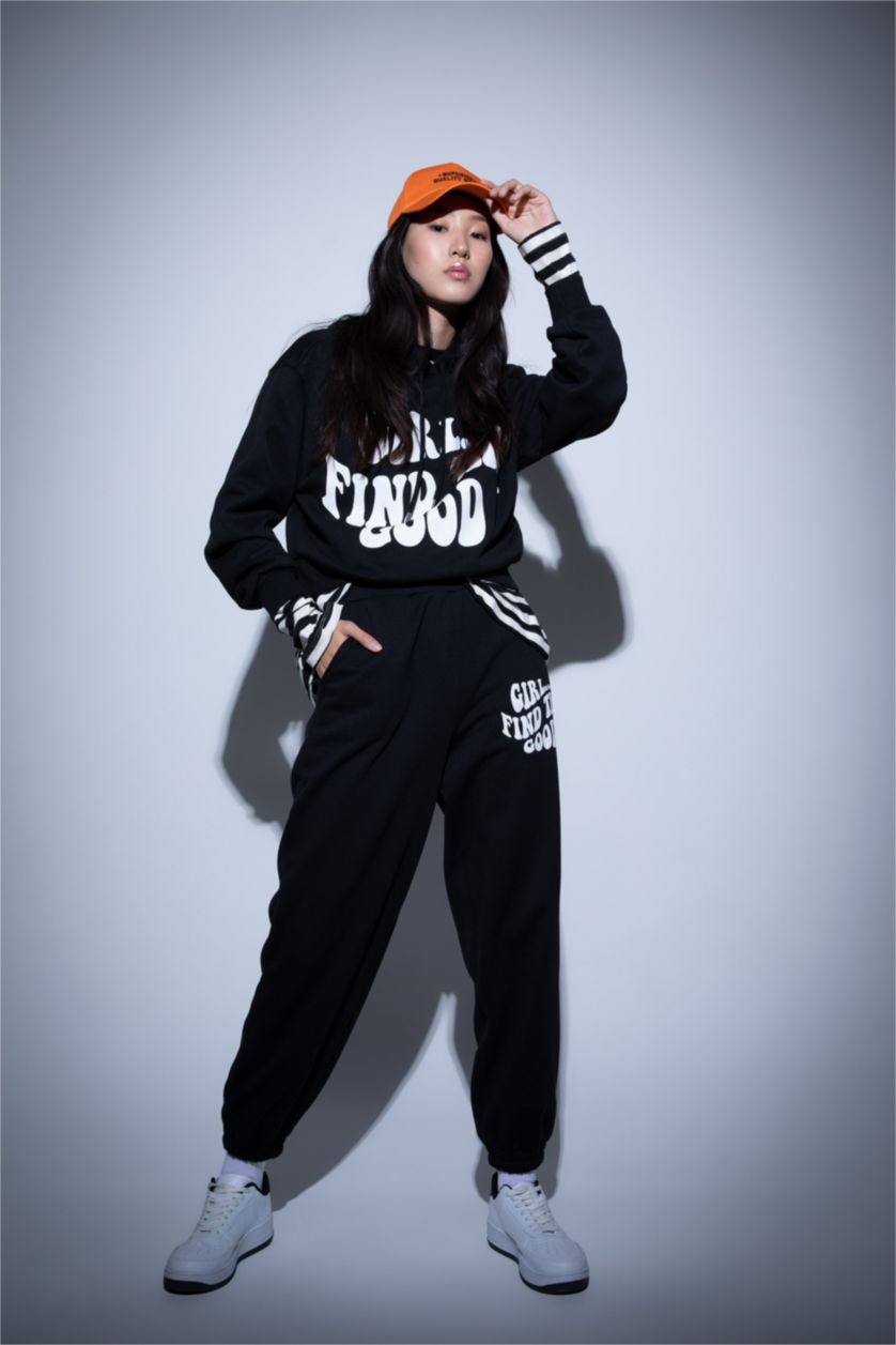 WOMAN Black Loose Fit Thick Sweatshirt Fabric Trousers