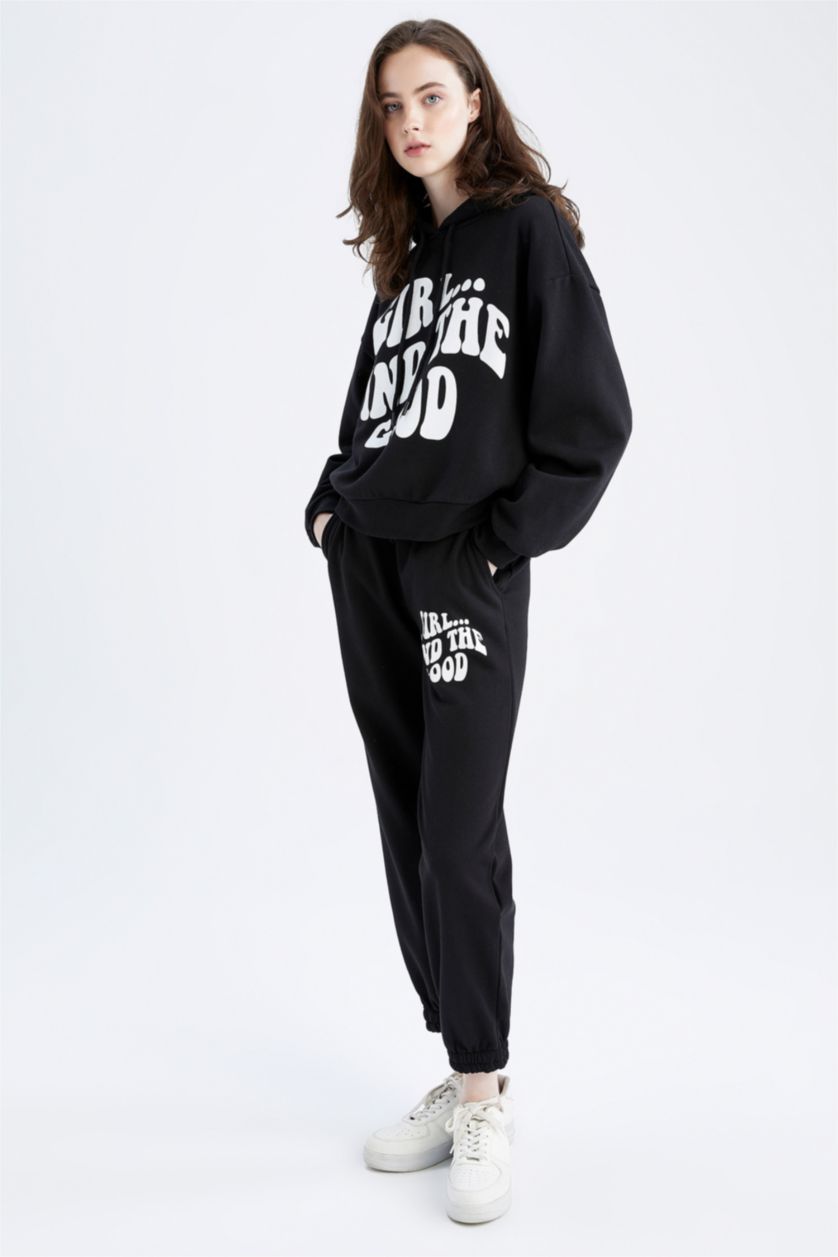 WOMAN Black Loose Fit Thick Sweatshirt Fabric Trousers
