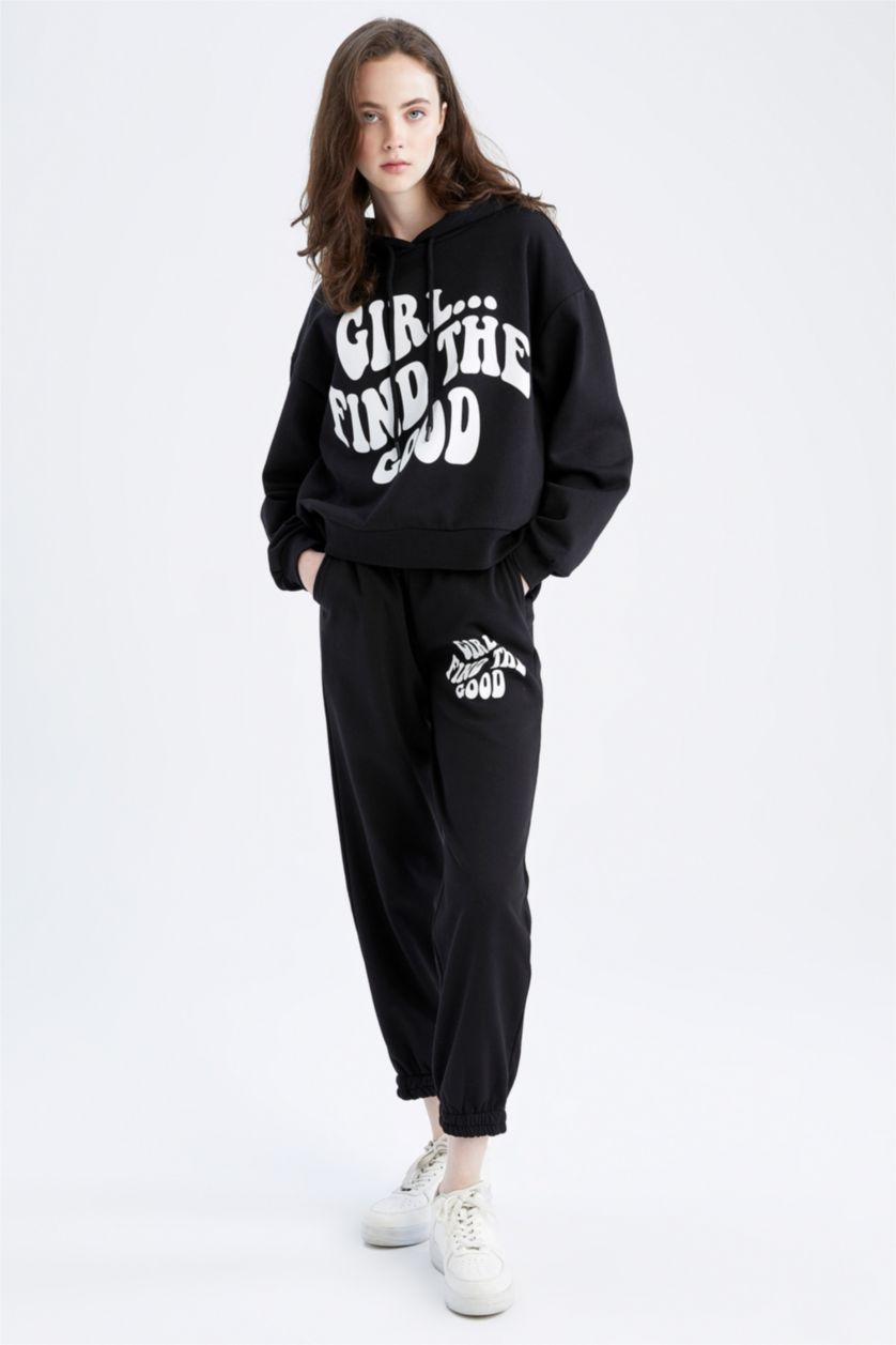WOMAN Black Loose Fit Thick Sweatshirt Fabric Trousers
