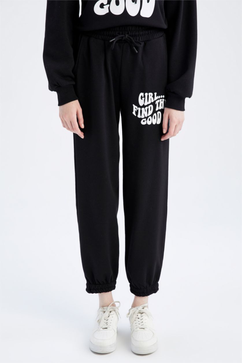 WOMAN Black Loose Fit Thick Sweatshirt Fabric Trousers