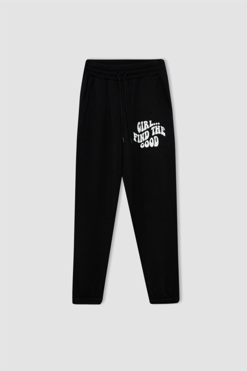 WOMAN Black Loose Fit Thick Sweatshirt Fabric Trousers