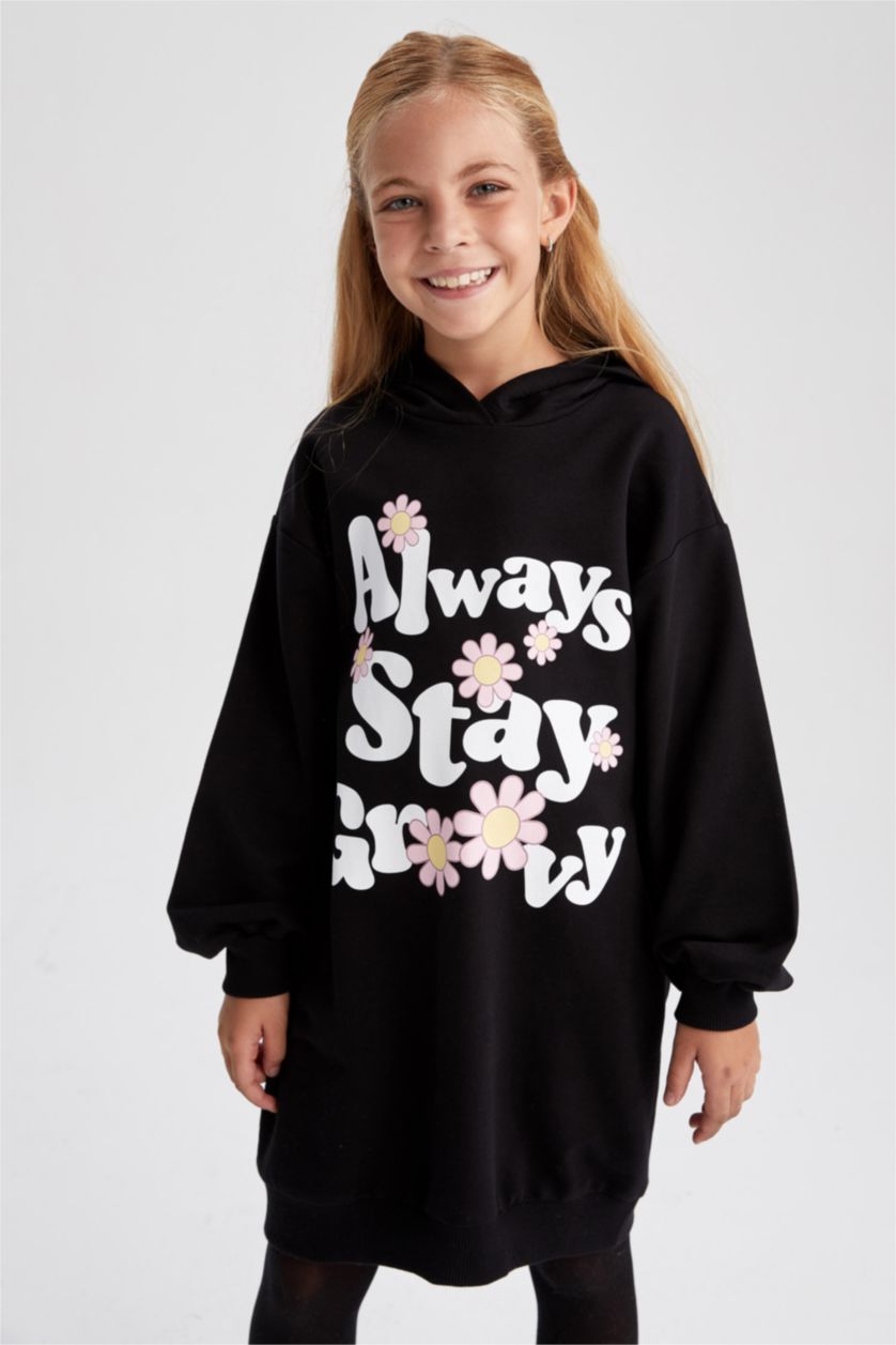 FILLES Noir Robe sweat-shirt en tissu fin à capuche pour fille