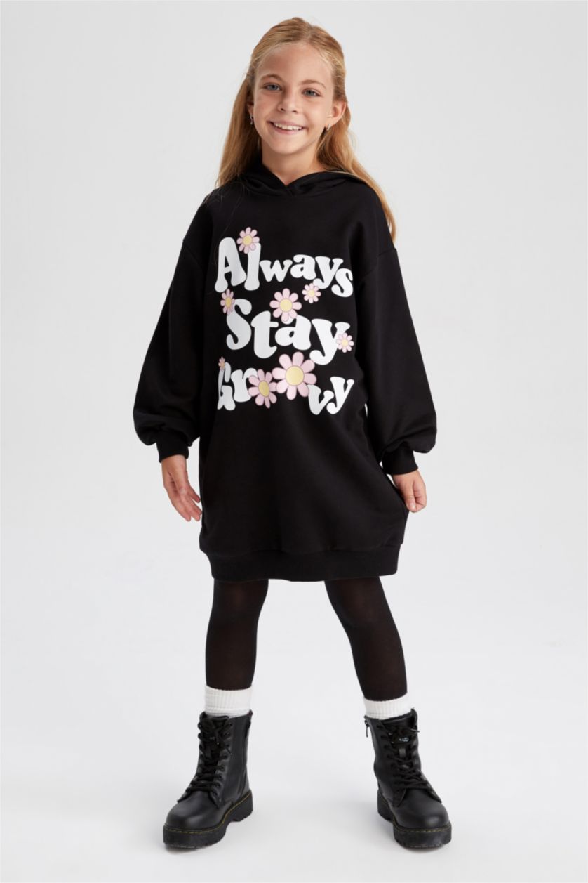 FILLES Noir Robe sweat-shirt en tissu fin à capuche pour fille