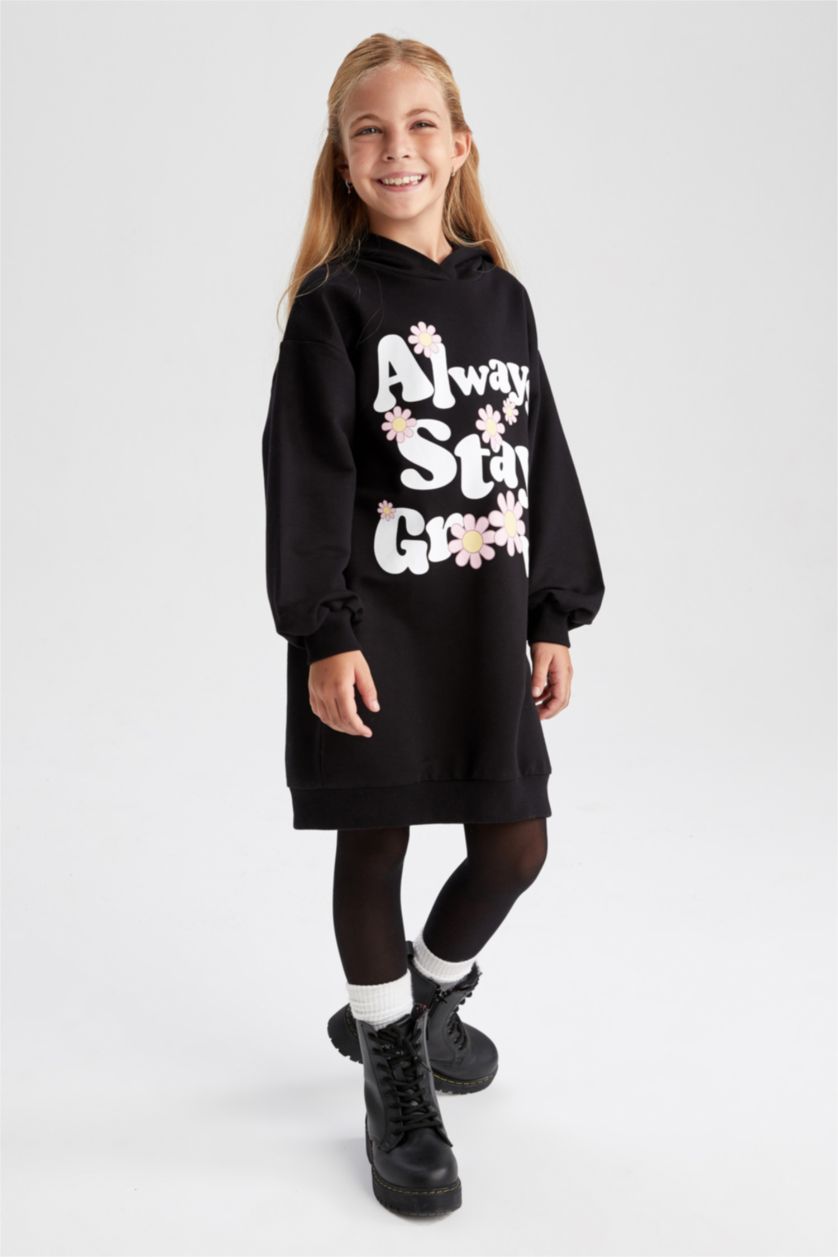 FILLES Noir Robe sweat-shirt en tissu fin à capuche pour fille
