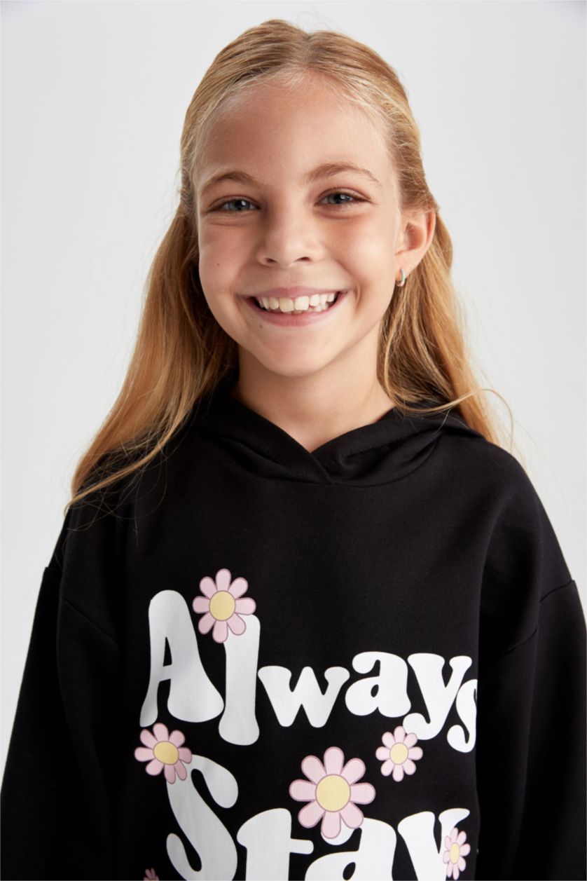 FILLES Noir Robe sweat-shirt en tissu fin à capuche pour fille