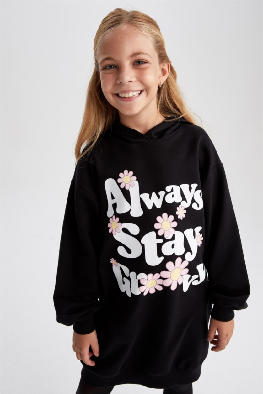 FILLES Noir Robe sweat-shirt en tissu fin à capuche pour fille