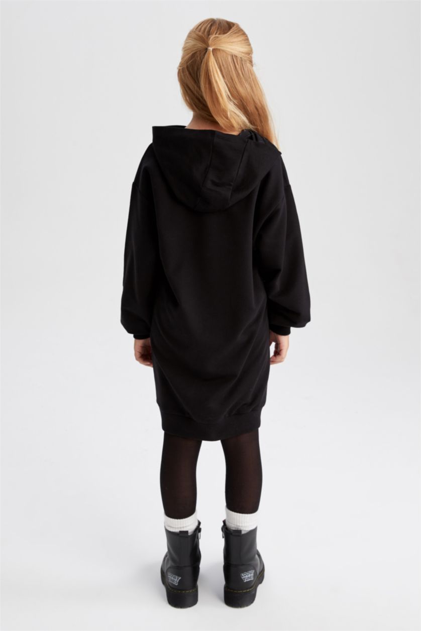 FILLES Noir Robe sweat-shirt en tissu fin à capuche pour fille