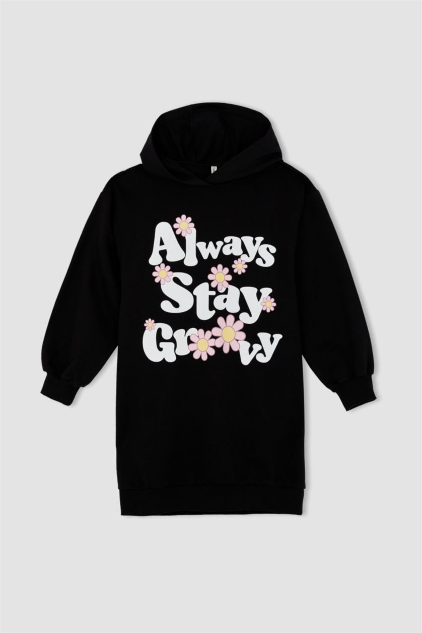 FILLES Noir Robe sweat-shirt en tissu fin à capuche pour fille