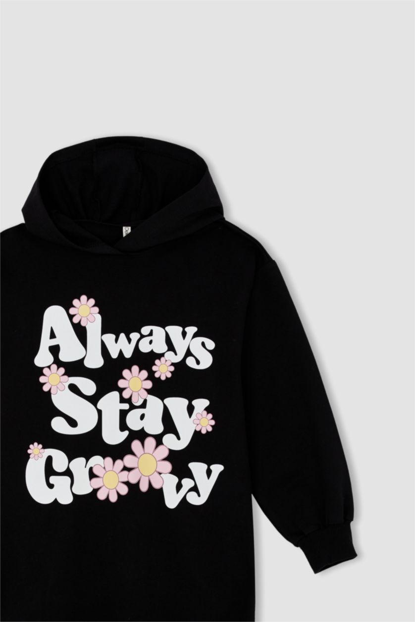 FILLES Noir Robe sweat-shirt en tissu fin à capuche pour fille