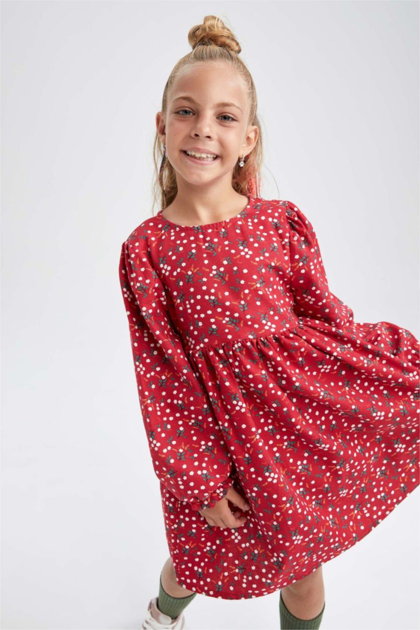 FILLES Rouge Robe à manches longues à motifs pour fille