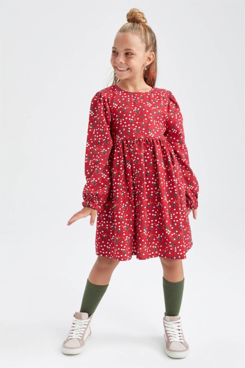 FILLES Rouge Robe à manches longues à motifs pour fille