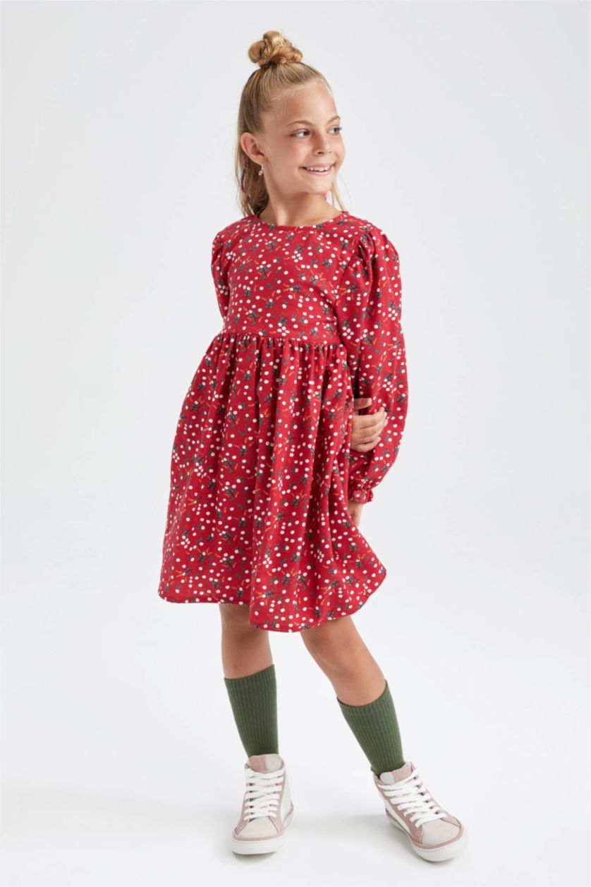 FILLES Rouge Robe à manches longues à motifs pour fille