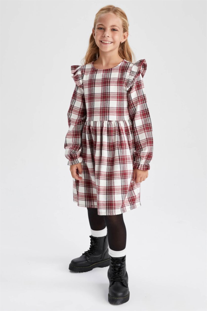 FILLES Bordeaux Robe en flanelle à manches longues et motifs carrés pour fille