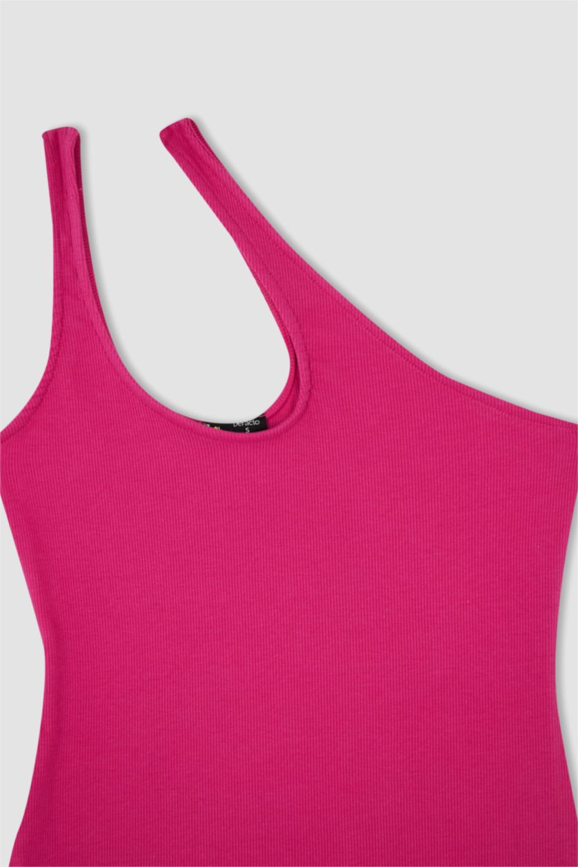 نساء زهري فستان قصير سادة نص ردن مضلع بديكون بكتف واحد