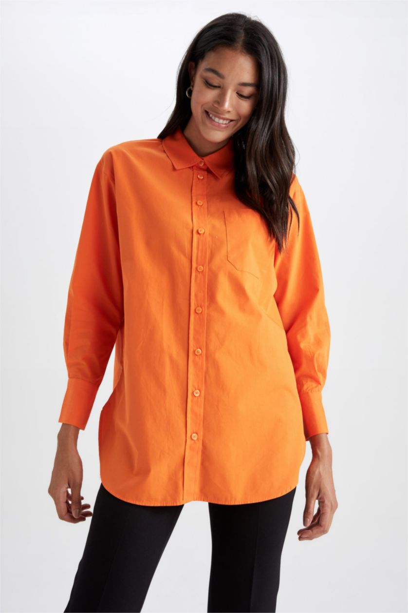 WOMAN Orange Relax Fit Shirt Collar Poplin Long Sleeve Tunic