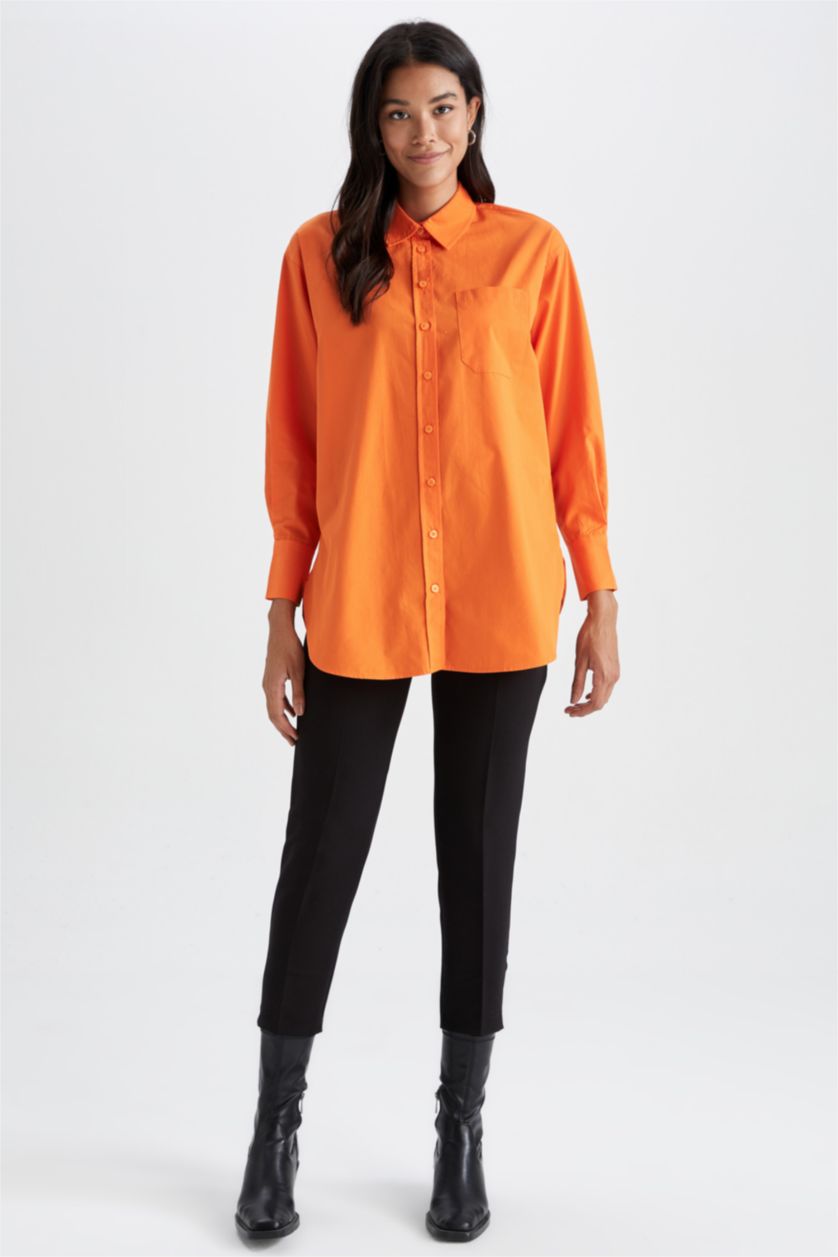 WOMAN Orange Relax Fit Shirt Collar Poplin Long Sleeve Tunic