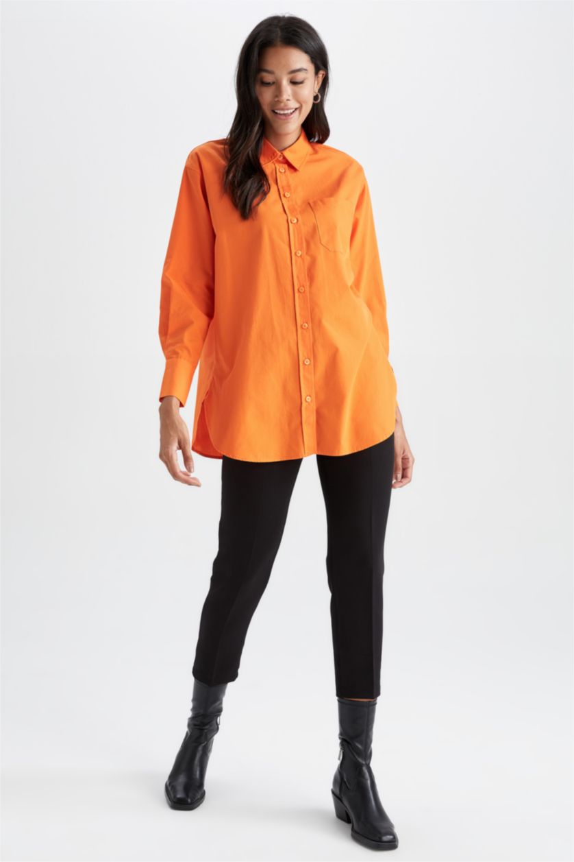 WOMAN Orange Relax Fit Shirt Collar Poplin Long Sleeve Tunic