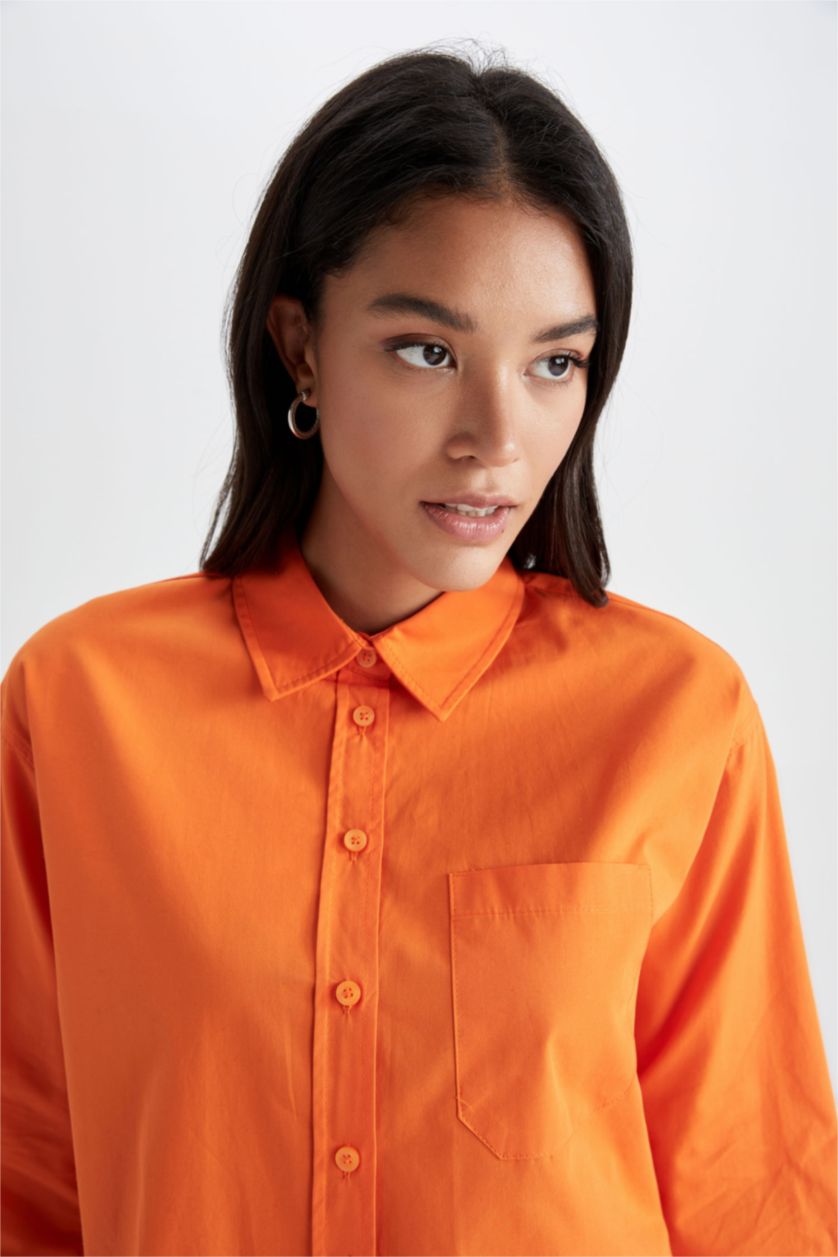 WOMAN Orange Relax Fit Shirt Collar Poplin Long Sleeve Tunic