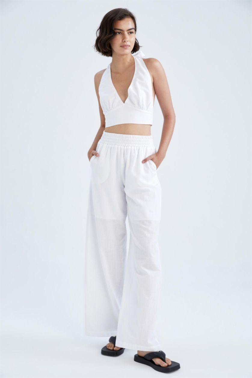 FEMME Blanc Pantalon Coton Jambes larges