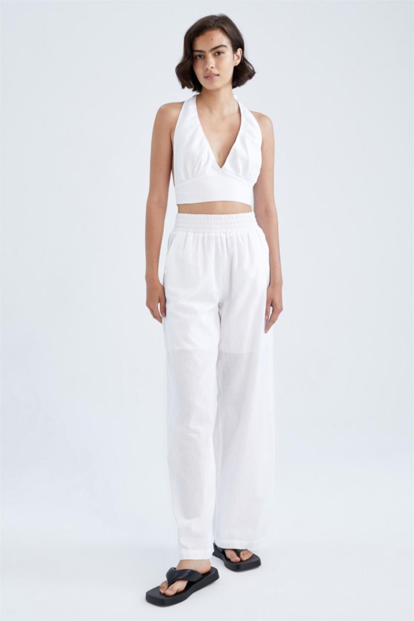 FEMME Blanc Pantalon Coton Jambes larges