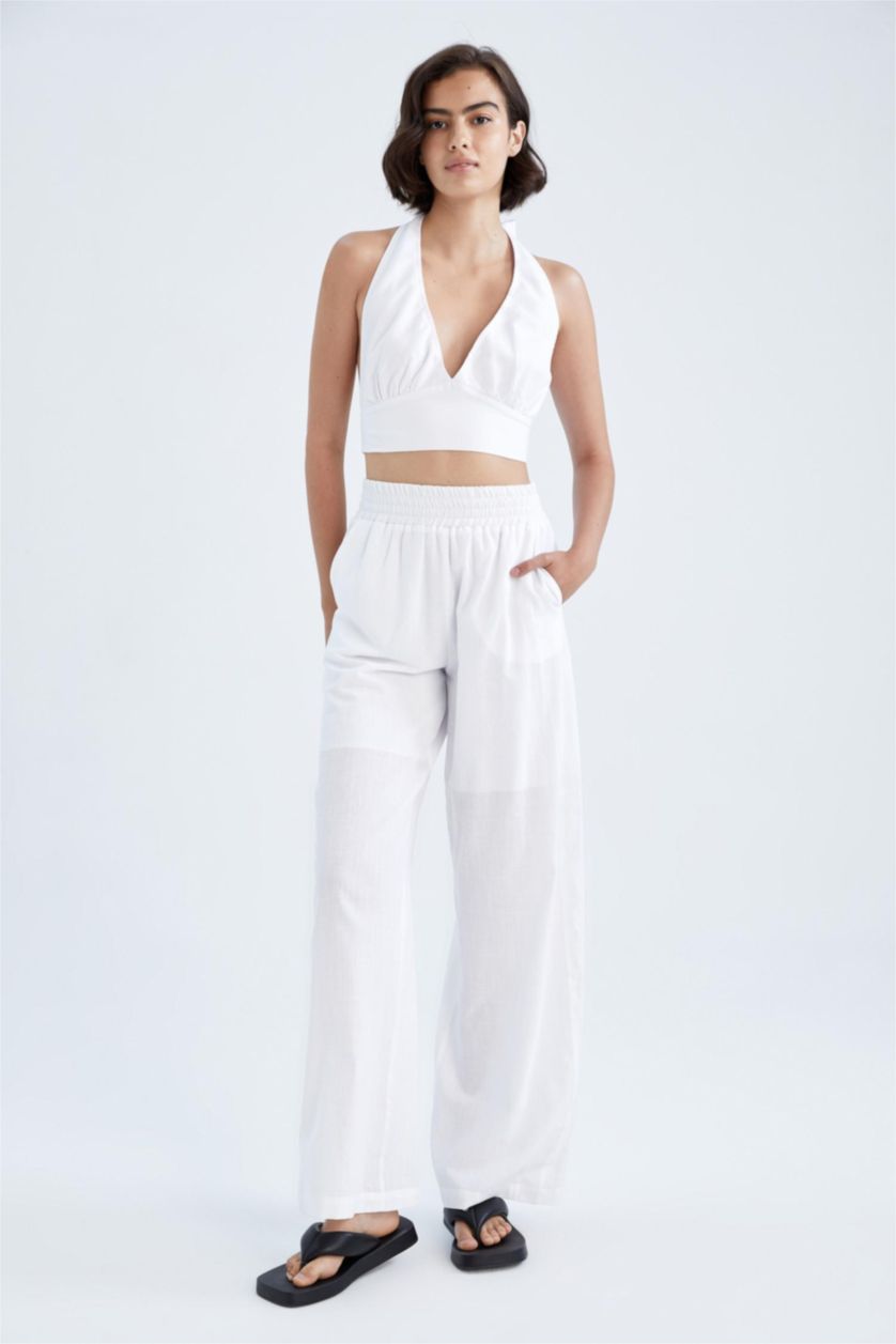 FEMME Blanc Pantalon Coton Jambes larges