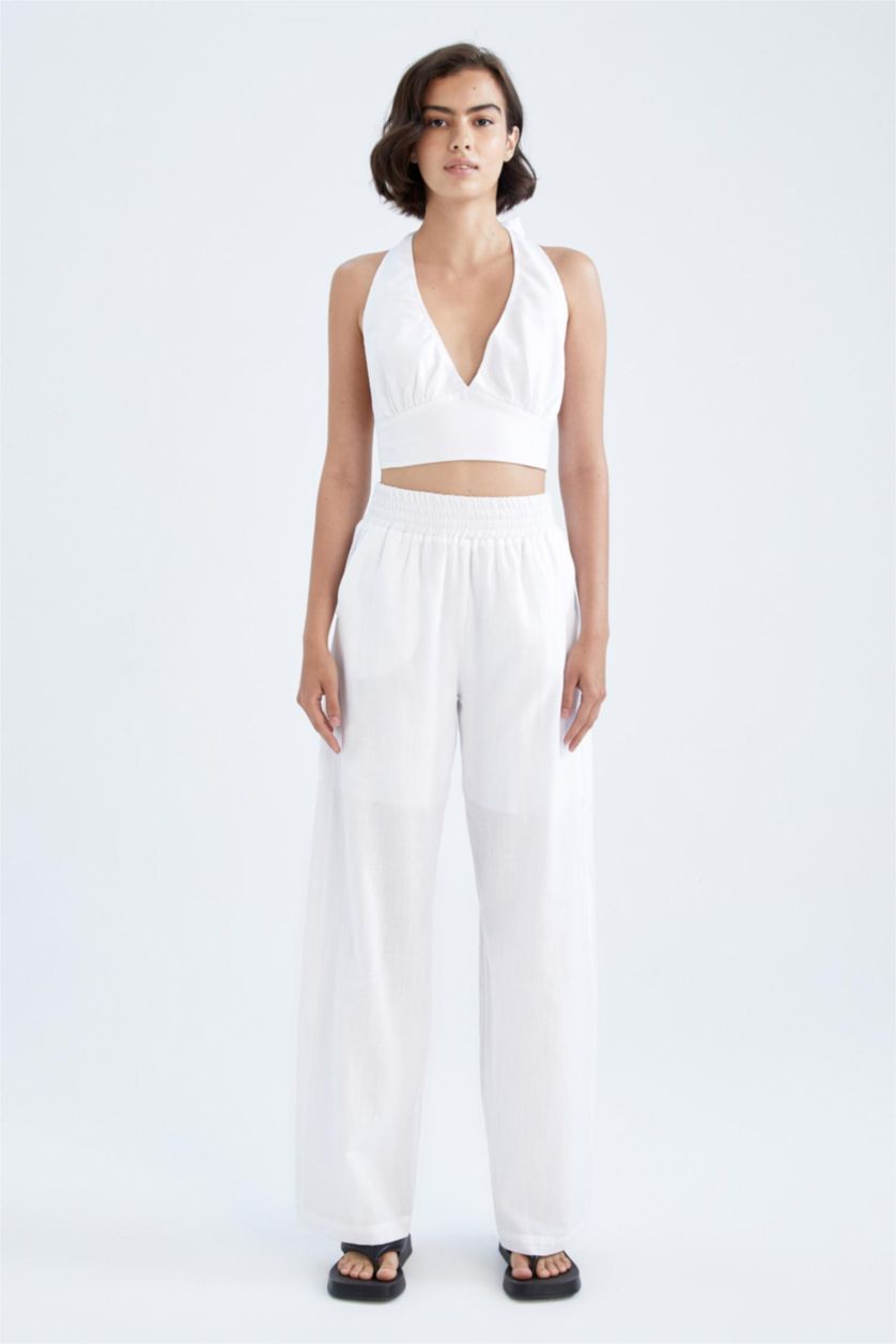 FEMME Blanc Pantalon Coton Jambes larges