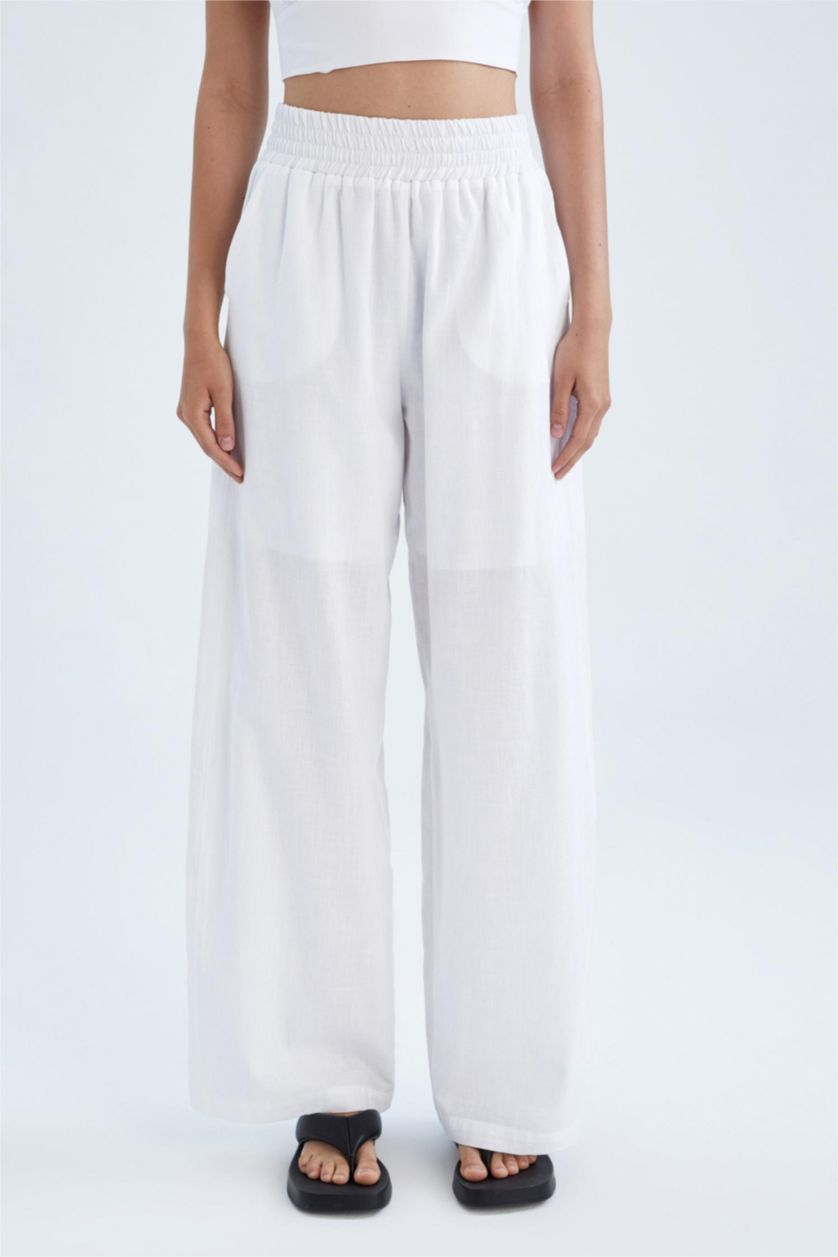 FEMME Blanc Pantalon Coton Jambes larges