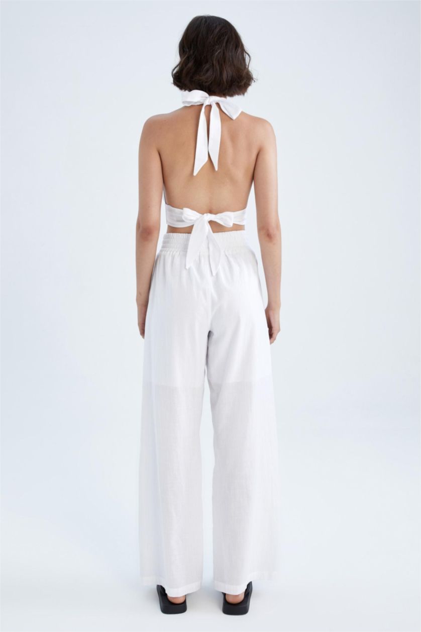 FEMME Blanc Pantalon Coton Jambes larges