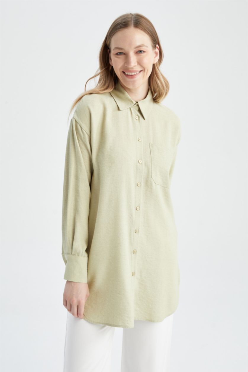 WOMAN Beige Relax Fit Linen Blended Shirt Collar Long Sleeve Tunic