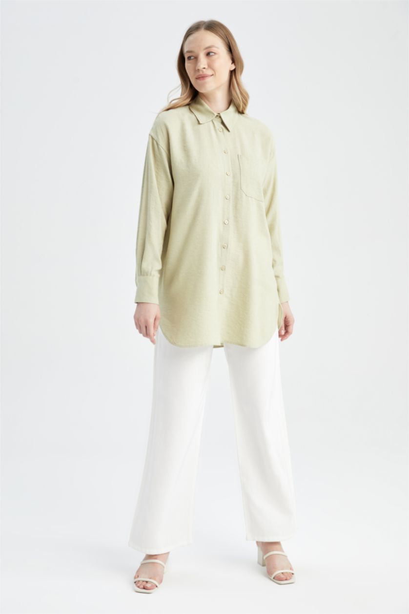 WOMAN Beige Relax Fit Linen Blended Shirt Collar Long Sleeve Tunic