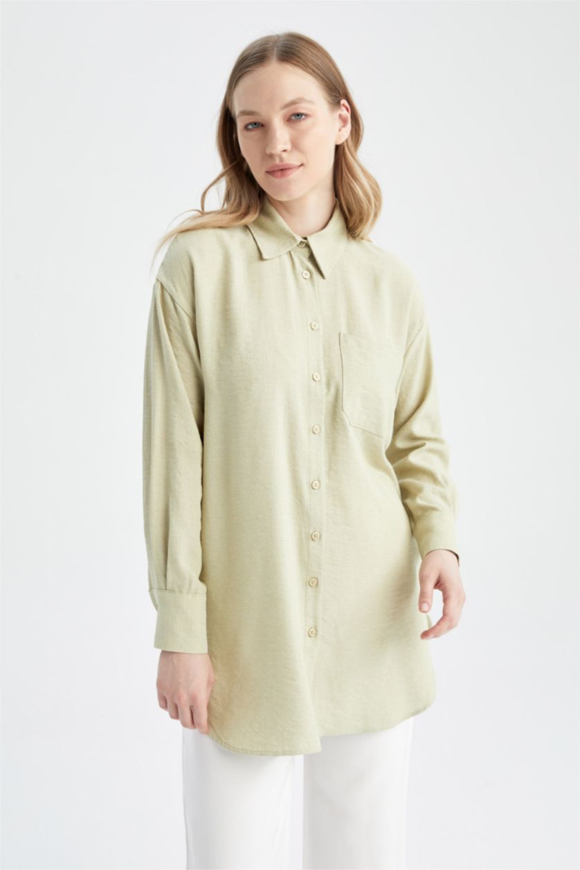 WOMAN Beige Relax Fit Linen Blended Shirt Collar Long Sleeve Tunic