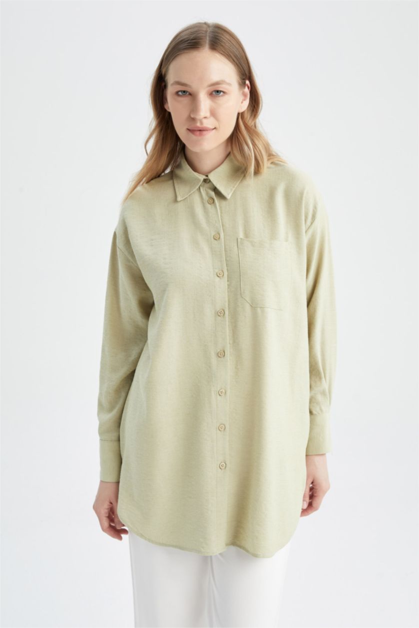 WOMAN Beige Relax Fit Linen Blended Shirt Collar Long Sleeve Tunic