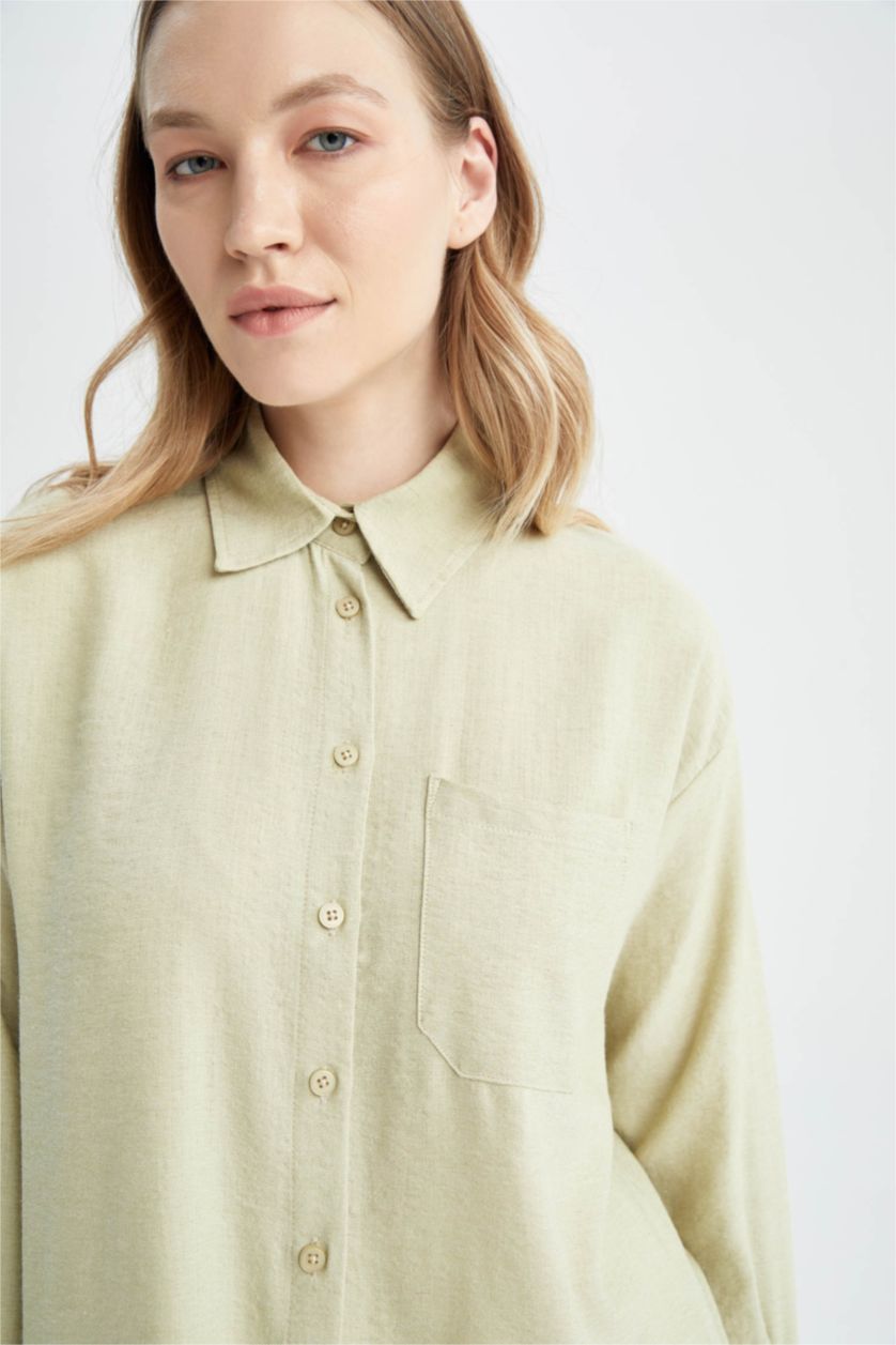 WOMAN Beige Relax Fit Linen Blended Shirt Collar Long Sleeve Tunic