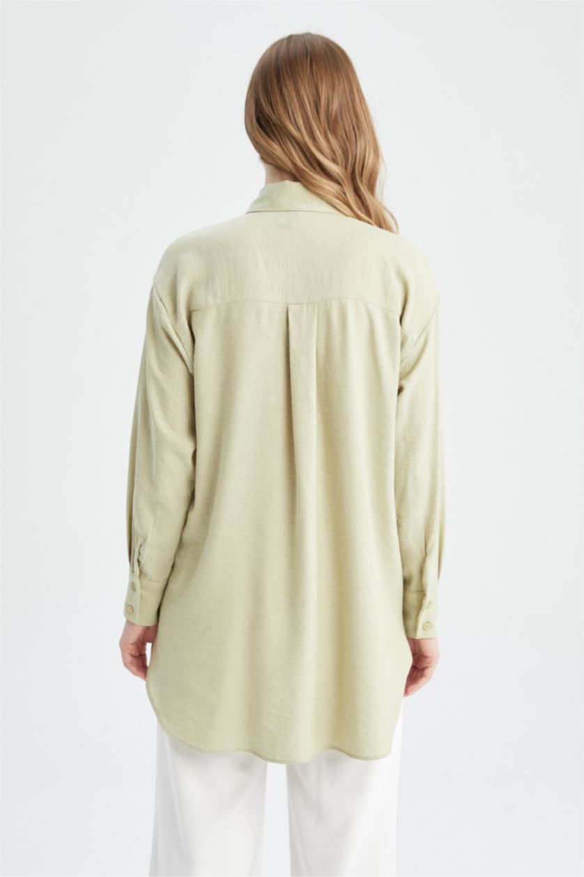 WOMAN Beige Relax Fit Linen Blended Shirt Collar Long Sleeve Tunic