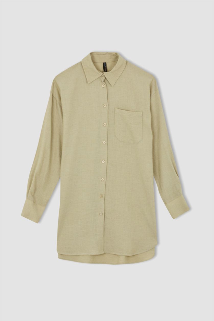 WOMAN Beige Relax Fit Linen Blended Shirt Collar Long Sleeve Tunic