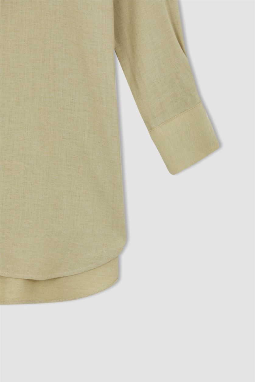 WOMAN Beige Relax Fit Linen Blended Shirt Collar Long Sleeve Tunic