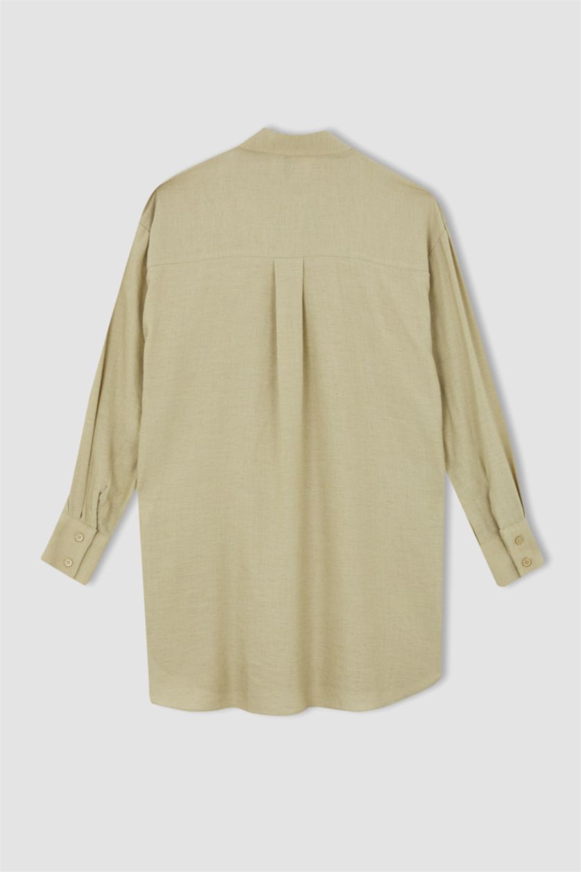 WOMAN Beige Relax Fit Linen Blended Shirt Collar Long Sleeve Tunic