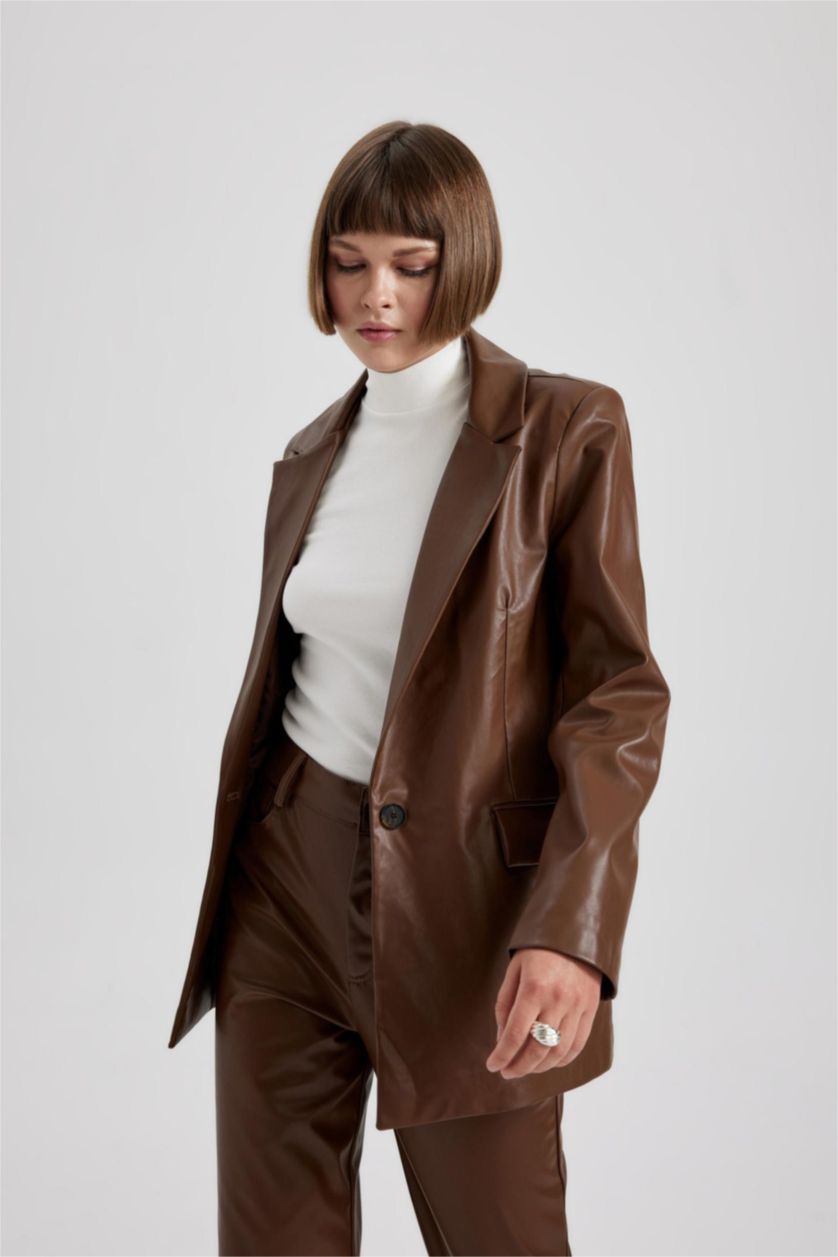 Женщины Коричневый Блейзер из искусственной кожи для женщин