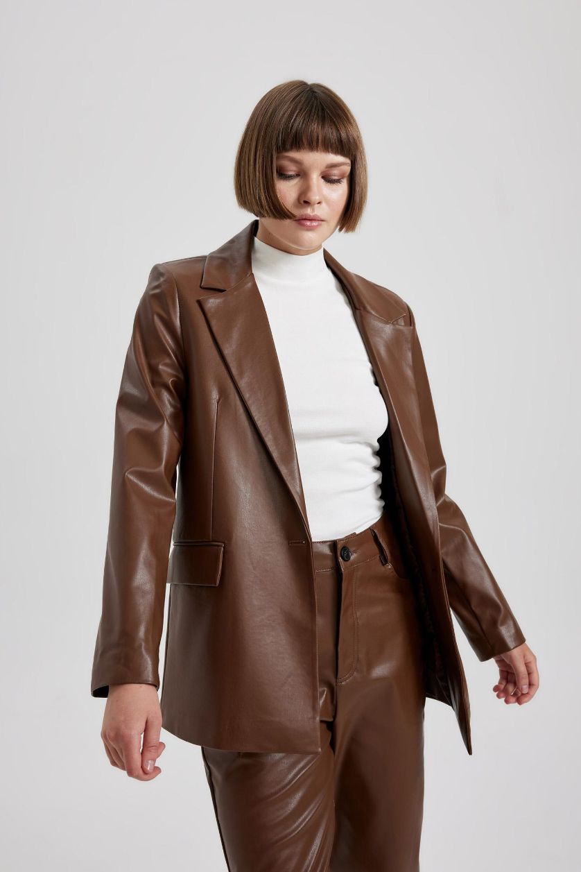 Женщины Коричневый Блейзер из искусственной кожи для женщин